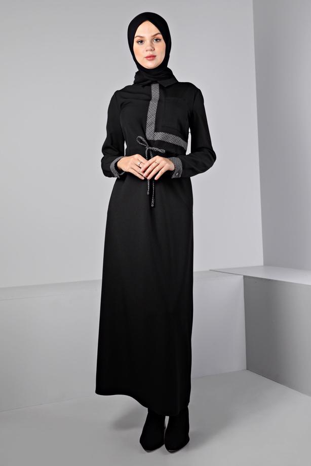 Tesettür giyim SİYAH ALVİNA BELİ BÜZGÜLÜ ELBİSE T 43435 - TRENDTESETTÜR