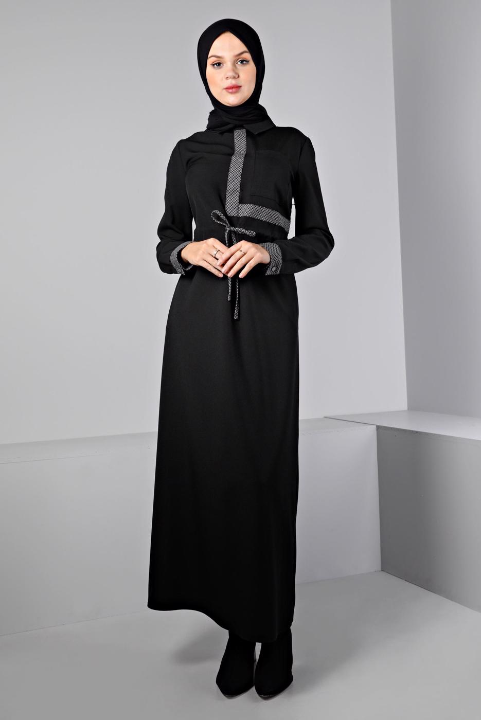 Tesettür giyim SİYAH ALVİNA BELİ BÜZGÜLÜ ELBİSE T 43435