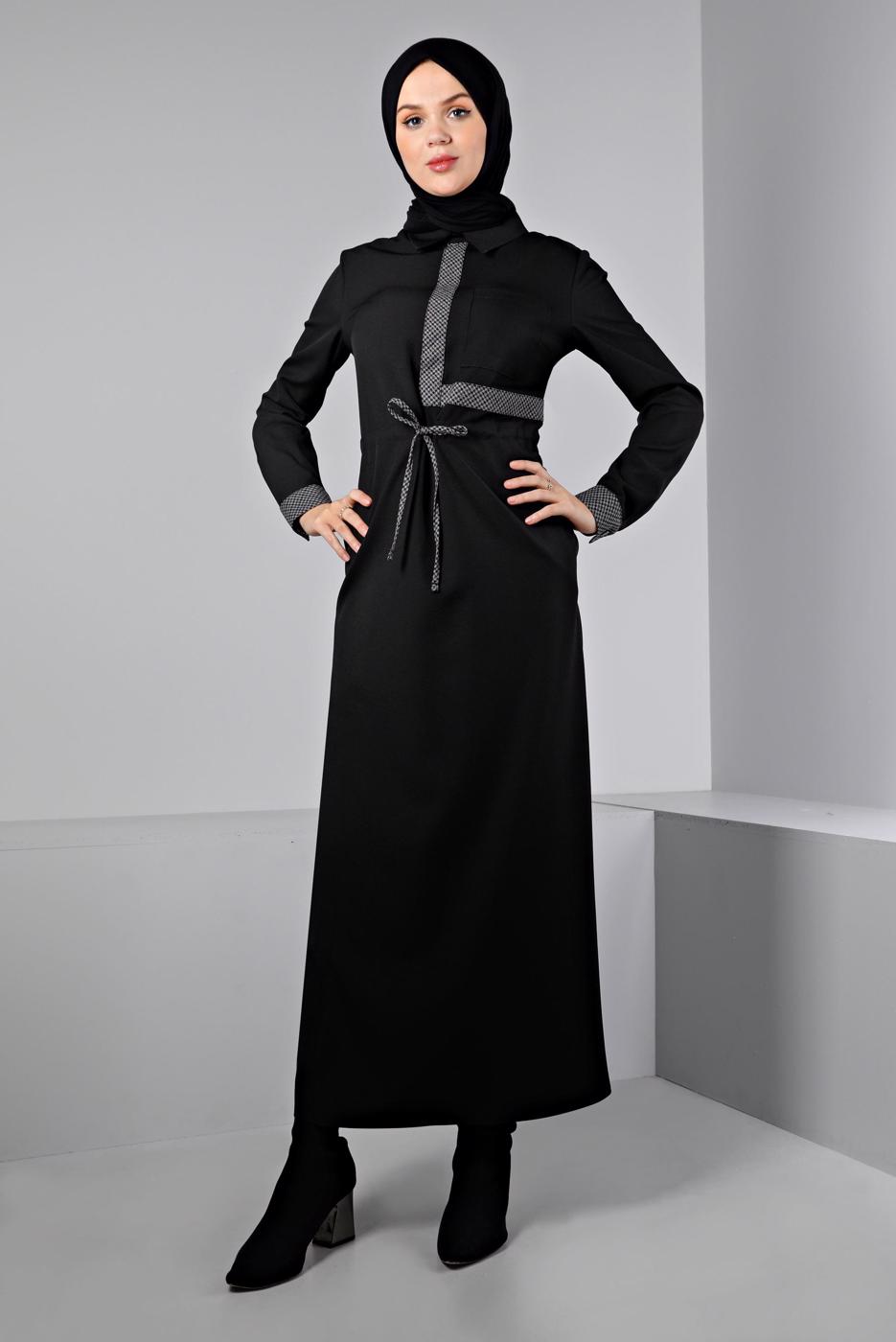 Tesettür giyim SİYAH ALVİNA BELİ BÜZGÜLÜ ELBİSE T 43435