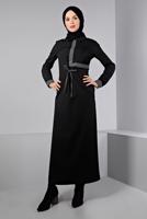 Tesettür giyim SİYAH ALVİNA BELİ BÜZGÜLÜ ELBİSE T 43435