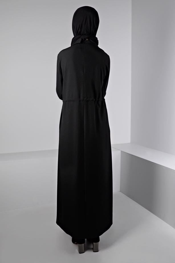 Tesettür giyim SİYAH ALVİNA BELİ BÜZGÜLÜ ELBİSE T 43435 - TRENDTESETTÜR