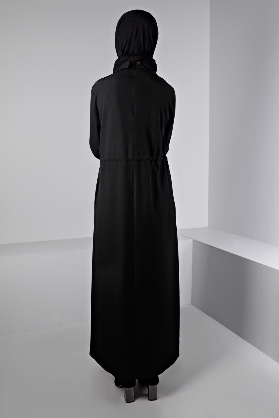 Tesettür giyim SİYAH ALVİNA BELİ BÜZGÜLÜ ELBİSE T 43435