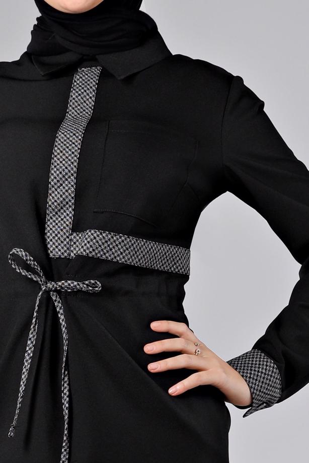 Tesettür giyim SİYAH ALVİNA BELİ BÜZGÜLÜ ELBİSE T 43435 - TRENDTESETTÜR