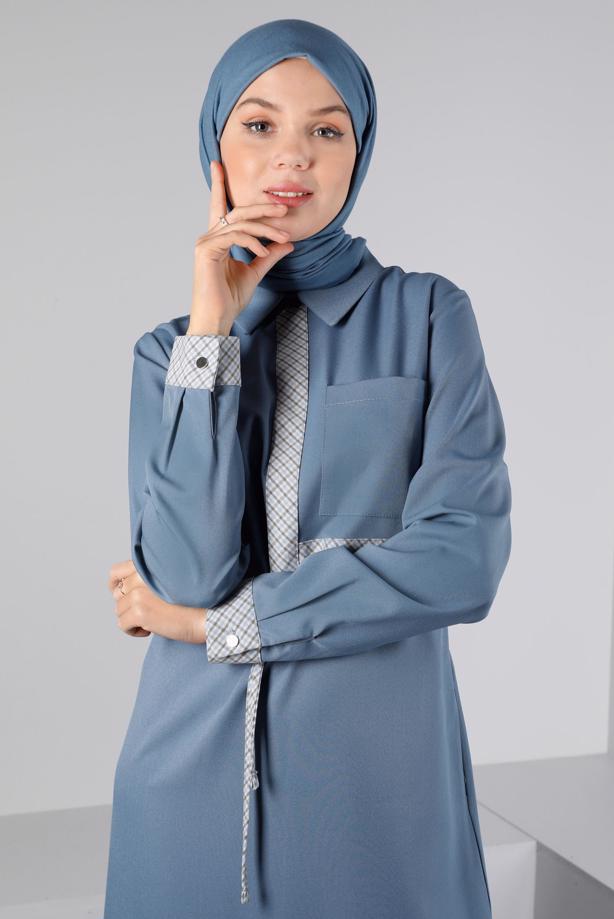 Tesettür giyim MAVİ ALVİNA BELİ BÜZGÜLÜ ELBİSE T 43435 - TRENDTESETTÜR