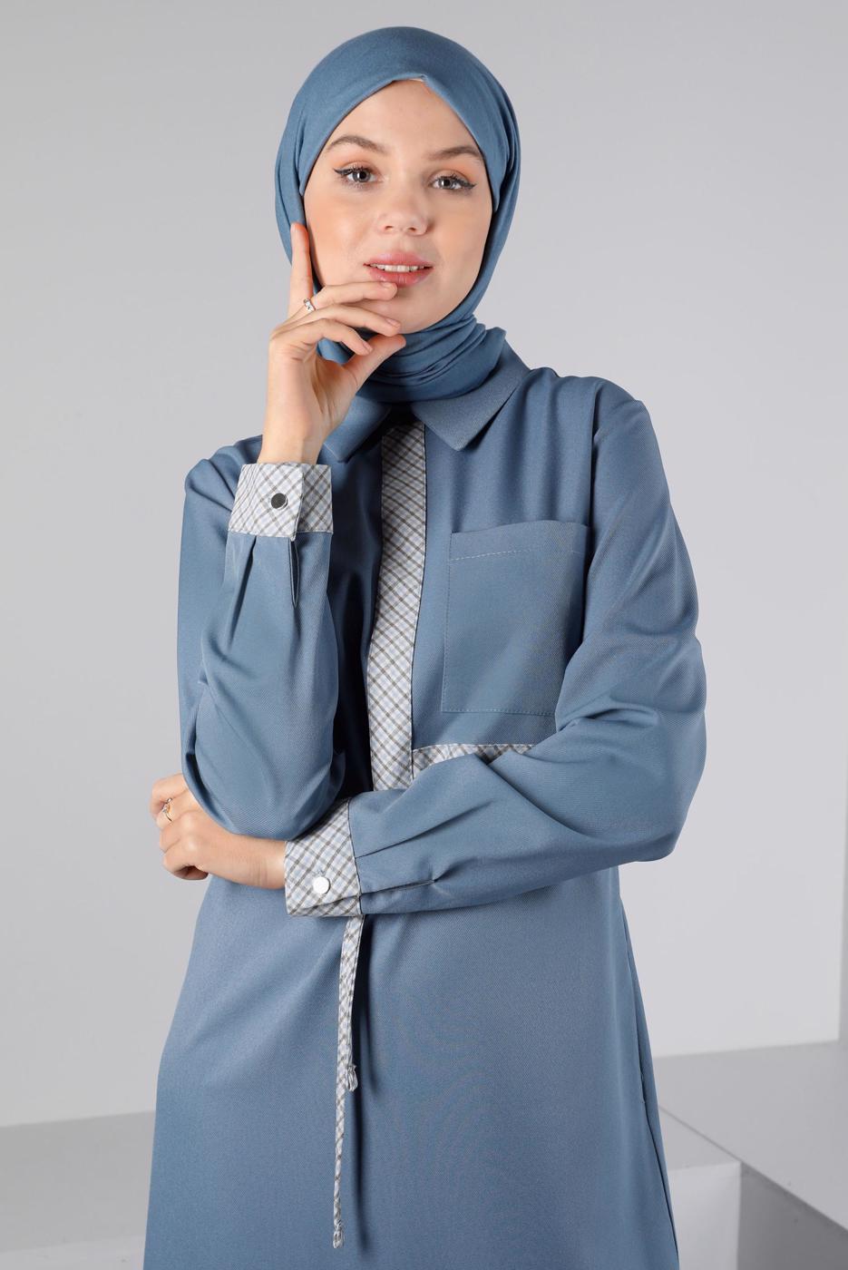 Tesettür giyim MAVİ ALVİNA BELİ BÜZGÜLÜ ELBİSE T 43435