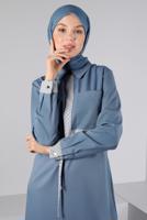 Tesettür giyim MAVİ ALVİNA BELİ BÜZGÜLÜ ELBİSE T 43435