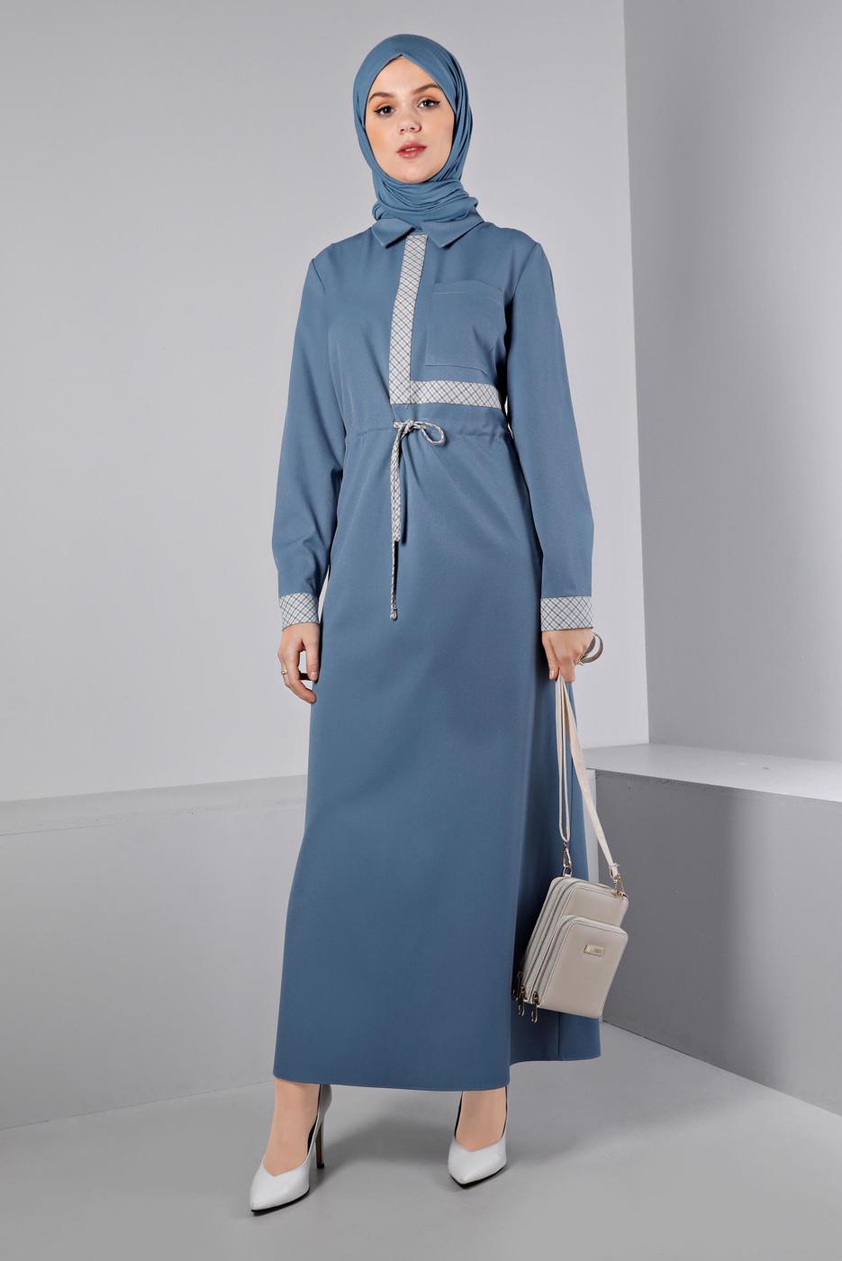 Tesettür giyim MAVİ ALVİNA BELİ BÜZGÜLÜ ELBİSE T 43435