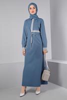 Tesettür giyim MAVİ ALVİNA BELİ BÜZGÜLÜ ELBİSE T 43435