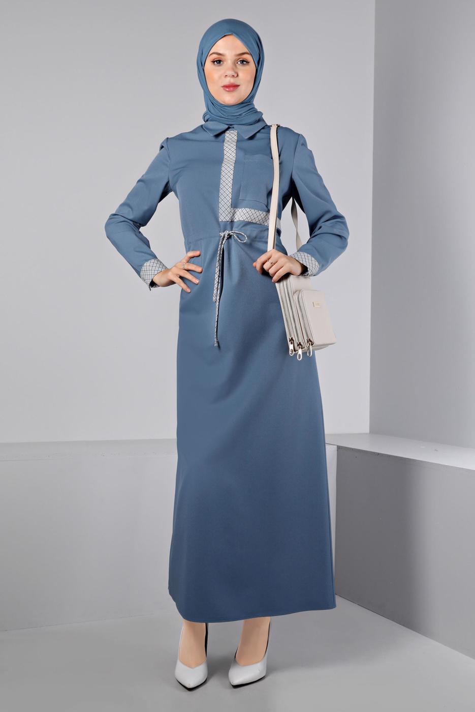 Tesettür giyim MAVİ ALVİNA BELİ BÜZGÜLÜ ELBİSE T 43435