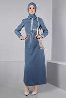 Tesettür giyim MAVİ ALVİNA BELİ BÜZGÜLÜ ELBİSE T 43435