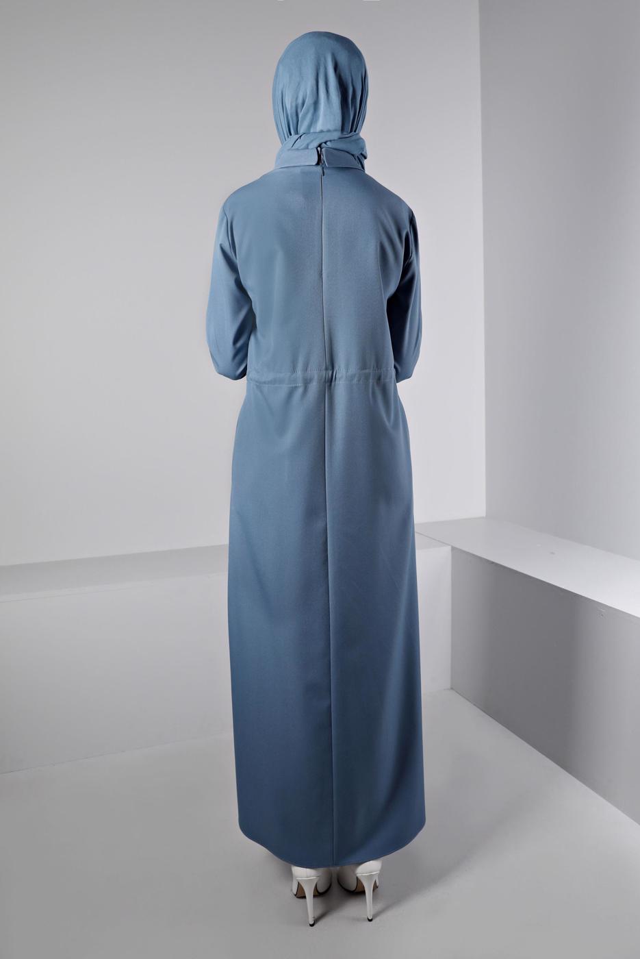 Tesettür giyim MAVİ ALVİNA BELİ BÜZGÜLÜ ELBİSE T 43435