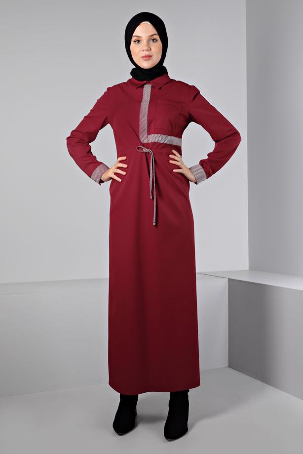 Tesettür giyim BORDO ALVİNA BELİ BÜZGÜLÜ ELBİSE T 43435 - TRENDTESETTÜR