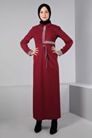 Tesettür giyim BORDO ALVİNA BELİ BÜZGÜLÜ ELBİSE T 43435