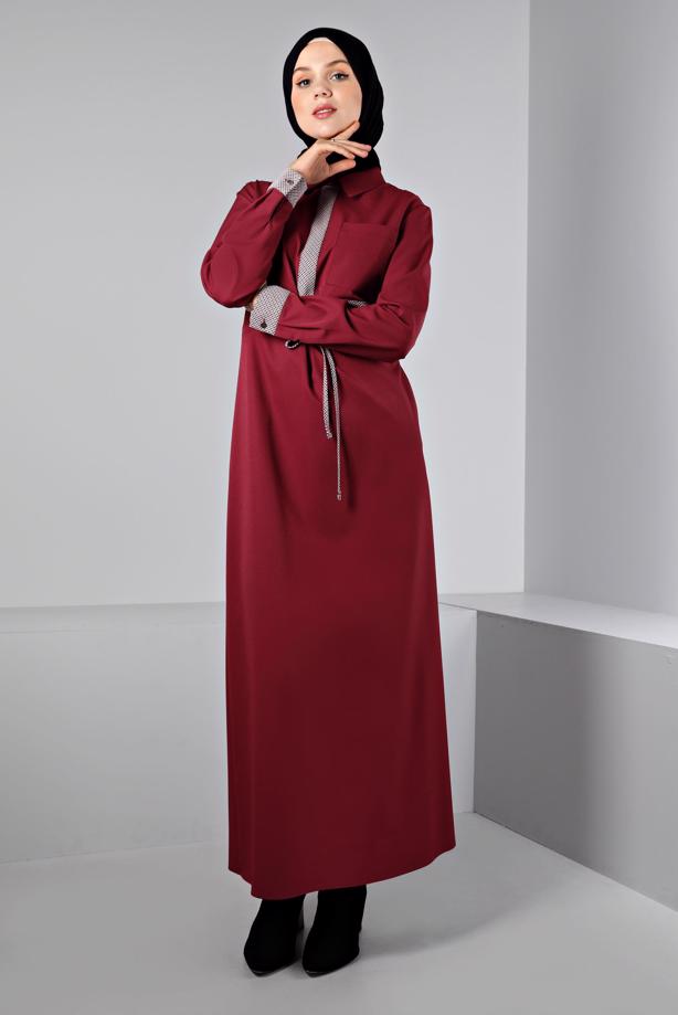 Tesettür giyim BORDO ALVİNA BELİ BÜZGÜLÜ ELBİSE T 43435 - TRENDTESETTÜR