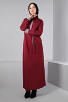 Tesettür giyim BORDO ALVİNA BELİ BÜZGÜLÜ ELBİSE T 43435