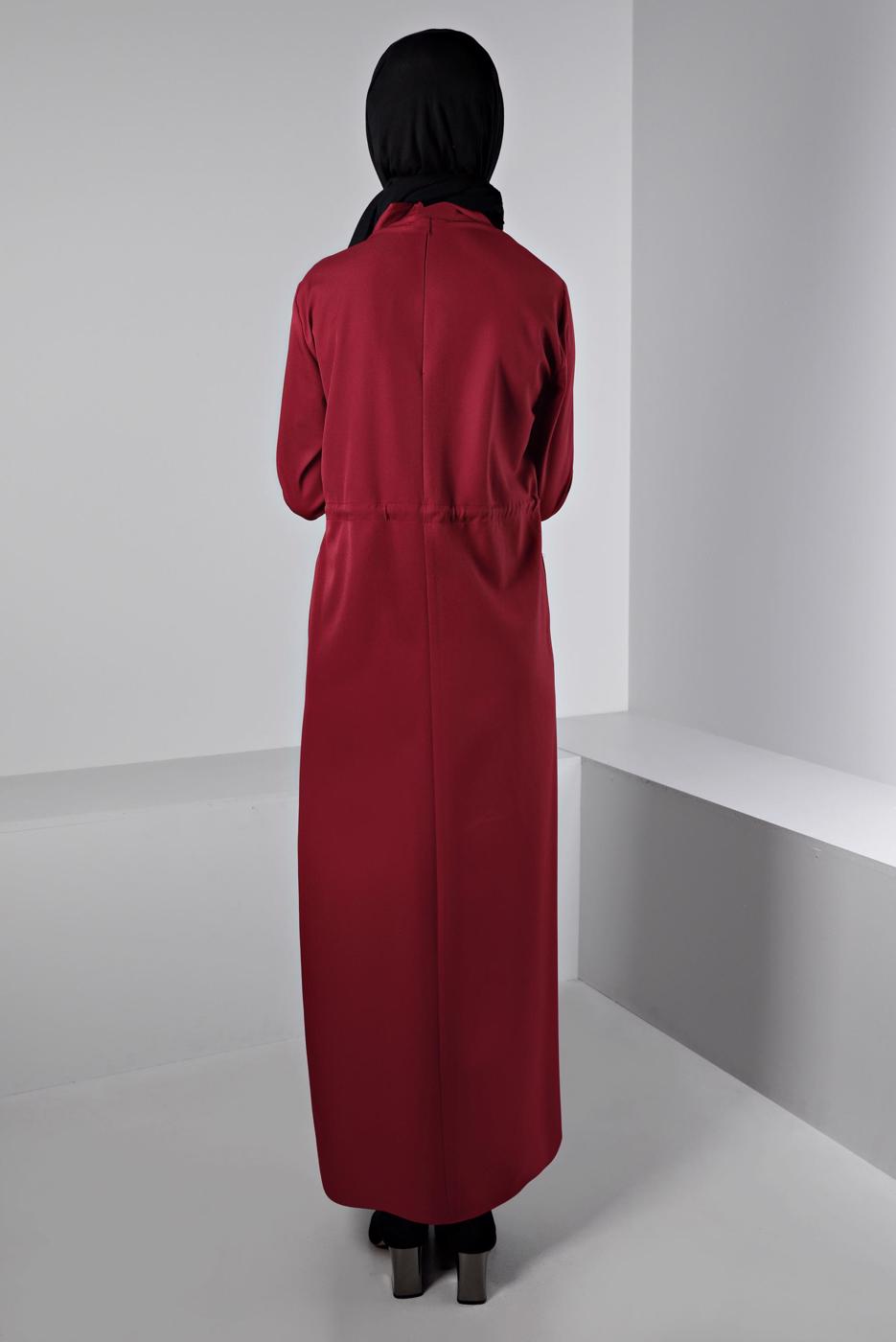 Tesettür giyim BORDO ALVİNA BELİ BÜZGÜLÜ ELBİSE T 43435