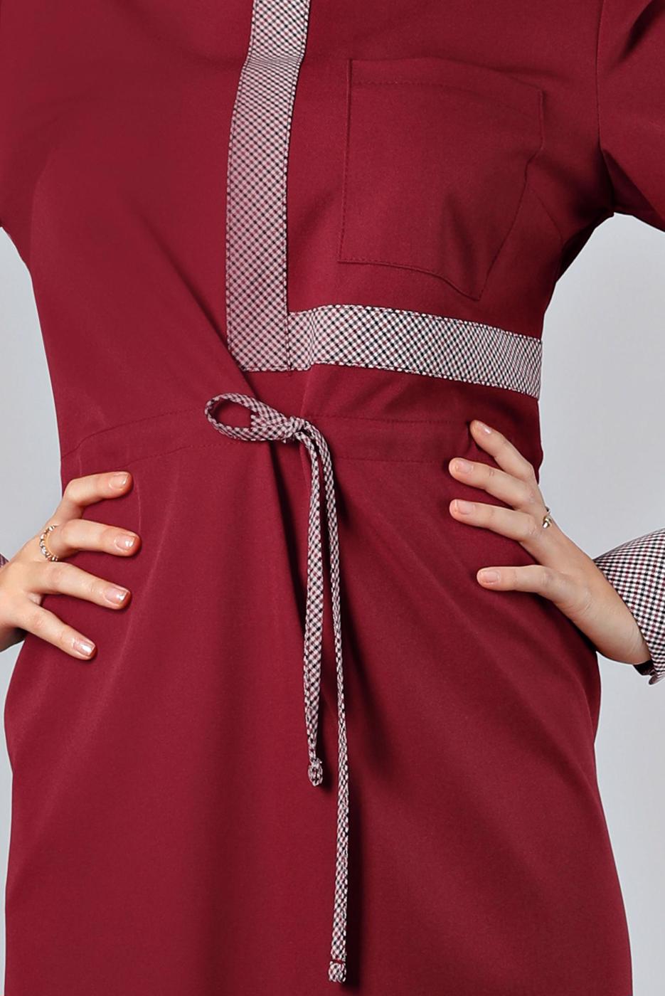 Tesettür giyim BORDO ALVİNA BELİ BÜZGÜLÜ ELBİSE T 43435