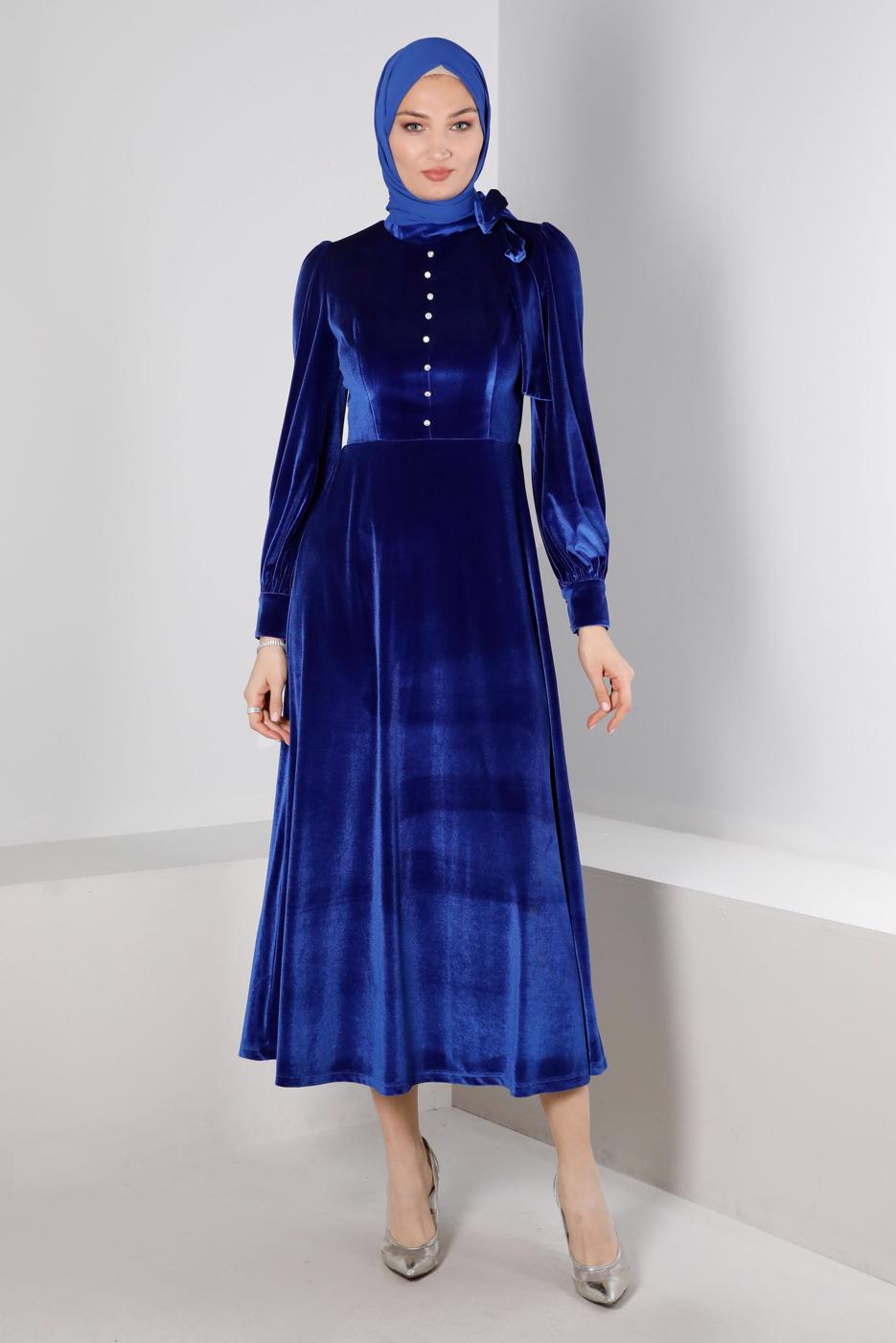 Tesettür giyim LACİVERT ALVİNA KADİFE ELBİSE T 43437