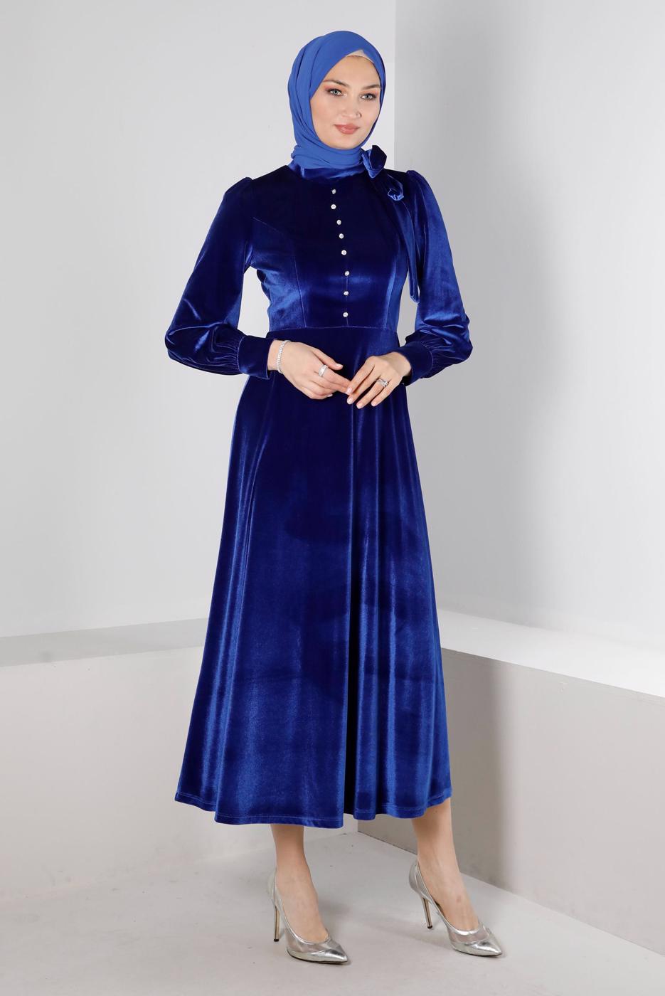 Tesettür giyim LACİVERT ALVİNA KADİFE ELBİSE T 43437