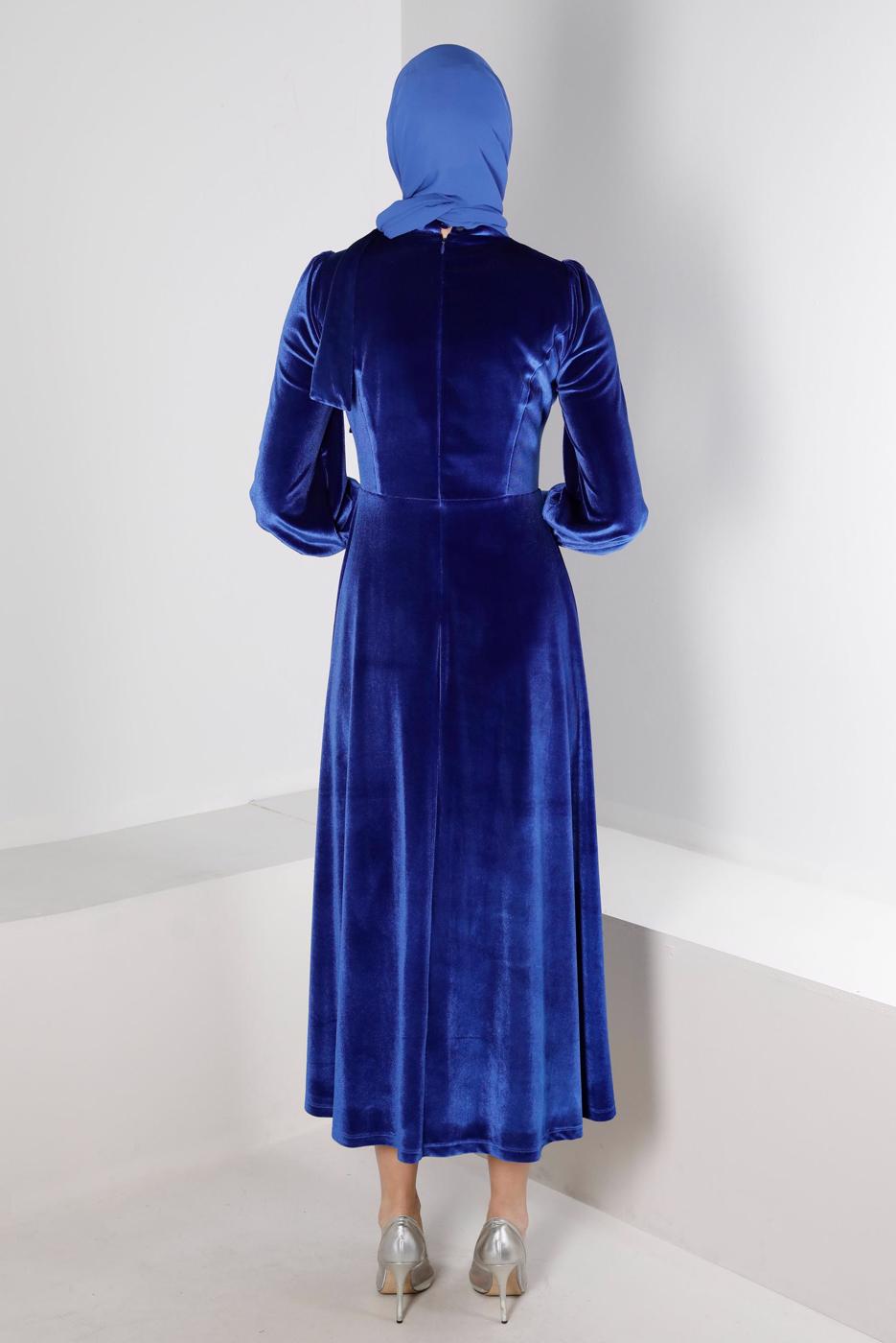 Tesettür giyim LACİVERT ALVİNA KADİFE ELBİSE T 43437