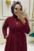 Tesettür giyim BORDO KUŞAKLI CEPLİ ELBİSE 4980 