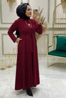 Tesettür giyim BORDO KUŞAKLI CEPLİ ELBİSE 4980 