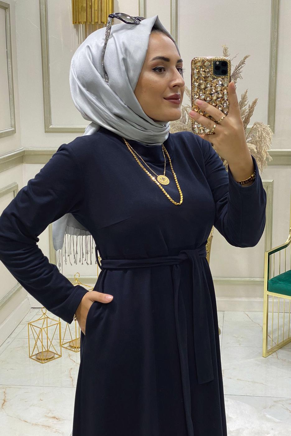 Tesettür giyim LACİVERT KUŞAKLI CEPLİ ELBİSE 4980 