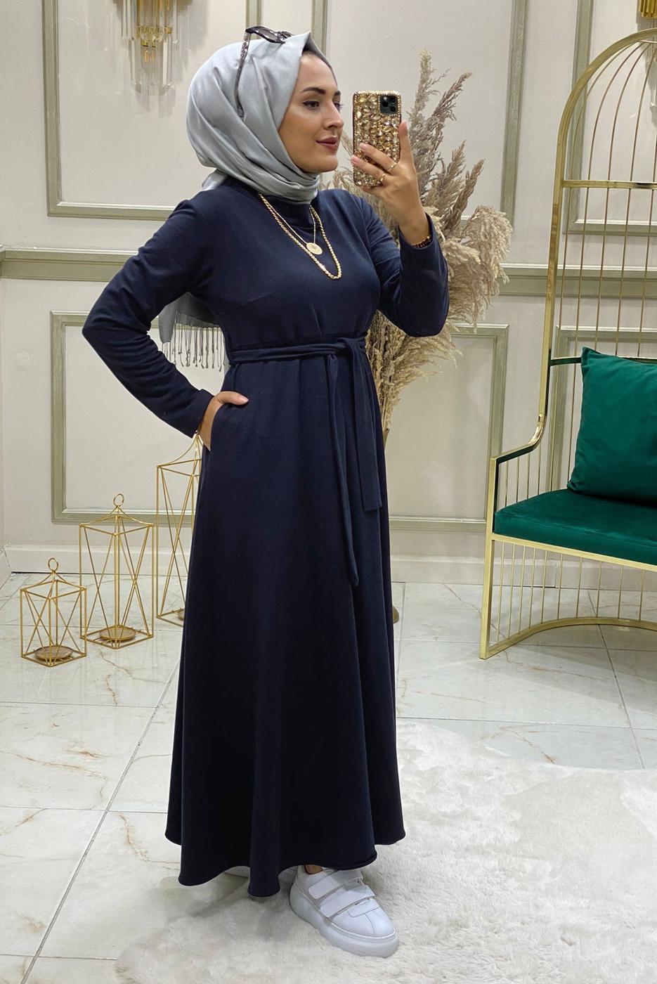 Tesettür giyim LACİVERT KUŞAKLI CEPLİ ELBİSE 4980 