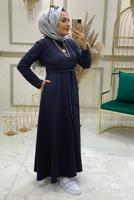 Tesettür giyim LACİVERT KUŞAKLI CEPLİ ELBİSE 4980 