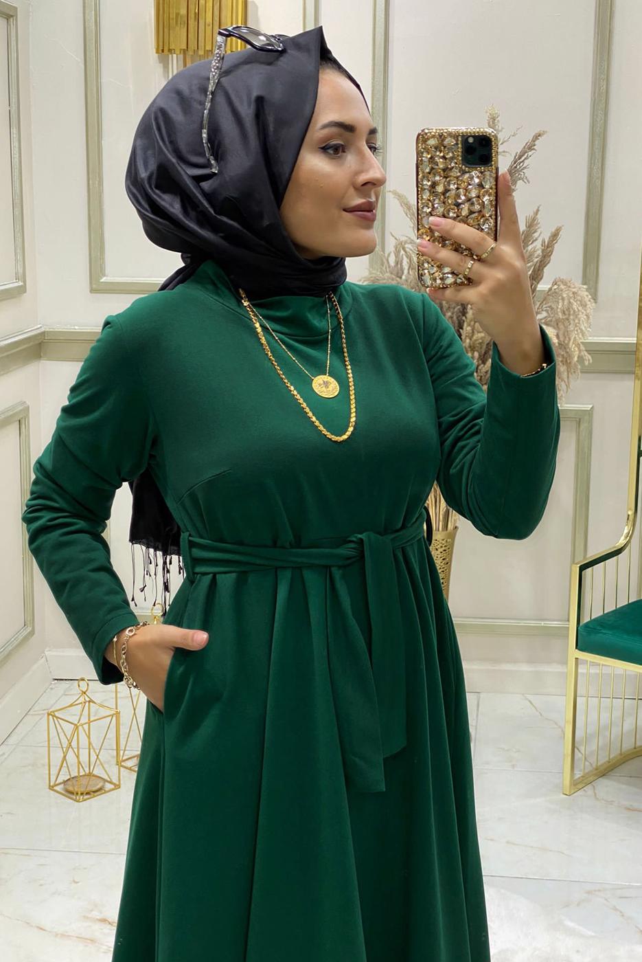 Tesettür giyim YEŞİL KUŞAKLI CEPLİ ELBİSE 4980 