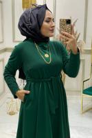 Tesettür giyim YEŞİL KUŞAKLI CEPLİ ELBİSE 4980 