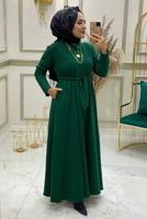 Tesettür giyim YEŞİL KUŞAKLI CEPLİ ELBİSE 4980 