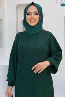 Tesettür giyim YEŞİL KENDİNDEN DESENLİ ÖRGÜ ELBİSE 51102	