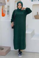 Tesettür giyim YEŞİL KENDİNDEN DESENLİ ÖRGÜ ELBİSE 51102	