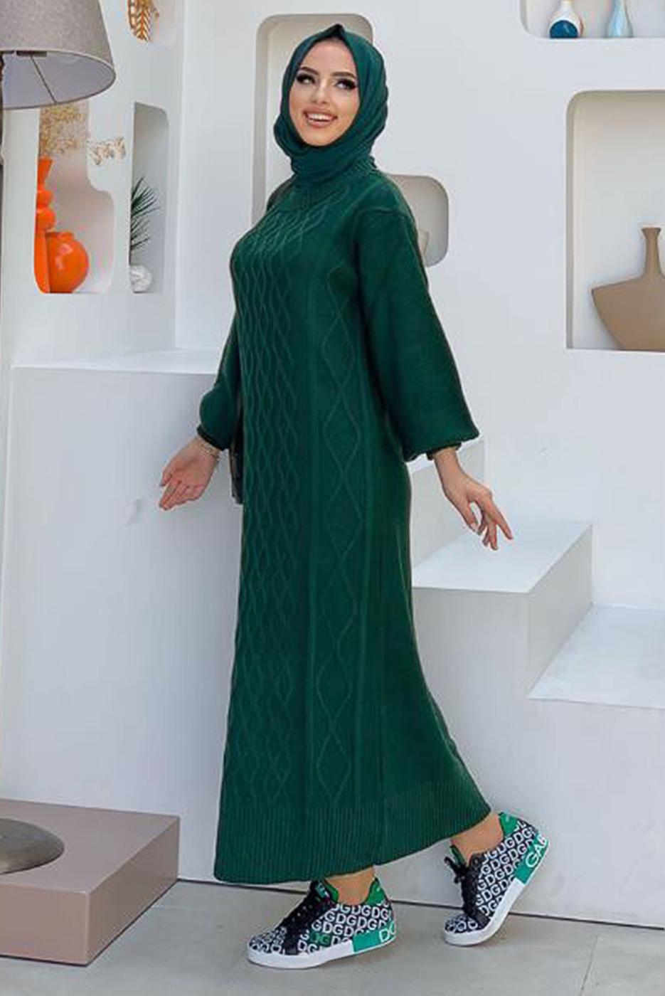 Tesettür giyim YEŞİL KENDİNDEN DESENLİ ÖRGÜ ELBİSE 51102	