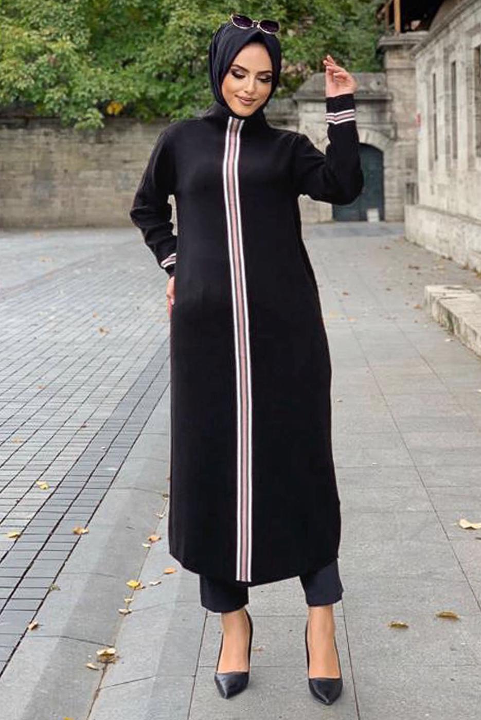 Tesettür giyim SİYAH ŞERİT DETAYLI TRİKO ELBİSE 5132 