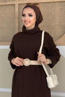 Tesettür giyim KAHVE BOĞAZLI BALIK SIRTI TRİKO ELBİSE 60112
