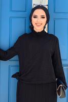 Tesettür giyim SİYAH BAĞLAMA DETAYLI KENDİNDEN DESENLİ TRİKO ELBİSE 70222 