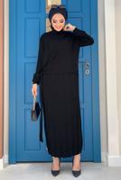 Tesettür giyim SİYAH BAĞLAMA DETAYLI KENDİNDEN DESENLİ TRİKO ELBİSE 70222 