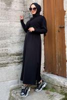 Tesettür giyim SİYAH YANLARI YIRTMAÇLI KAPÜŞONLU TRİKO ELBİSE 90102	
