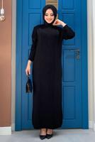 Tesettür giyim SİYAH ÖRGÜ DESENLİ TRİKO ELBİSE 90222