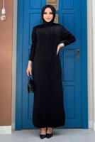 Tesettür giyim SİYAH ÖRGÜ DESENLİ TRİKO ELBİSE 90222