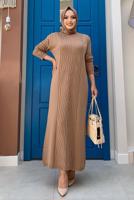 Tesettür giyim TABA ÖRGÜ DESENLİ TRİKO ELBİSE 90222