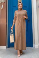 Tesettür giyim TABA ÖRGÜ DESENLİ TRİKO ELBİSE 90222