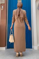 Tesettür giyim TABA ÖRGÜ DESENLİ TRİKO ELBİSE 90222