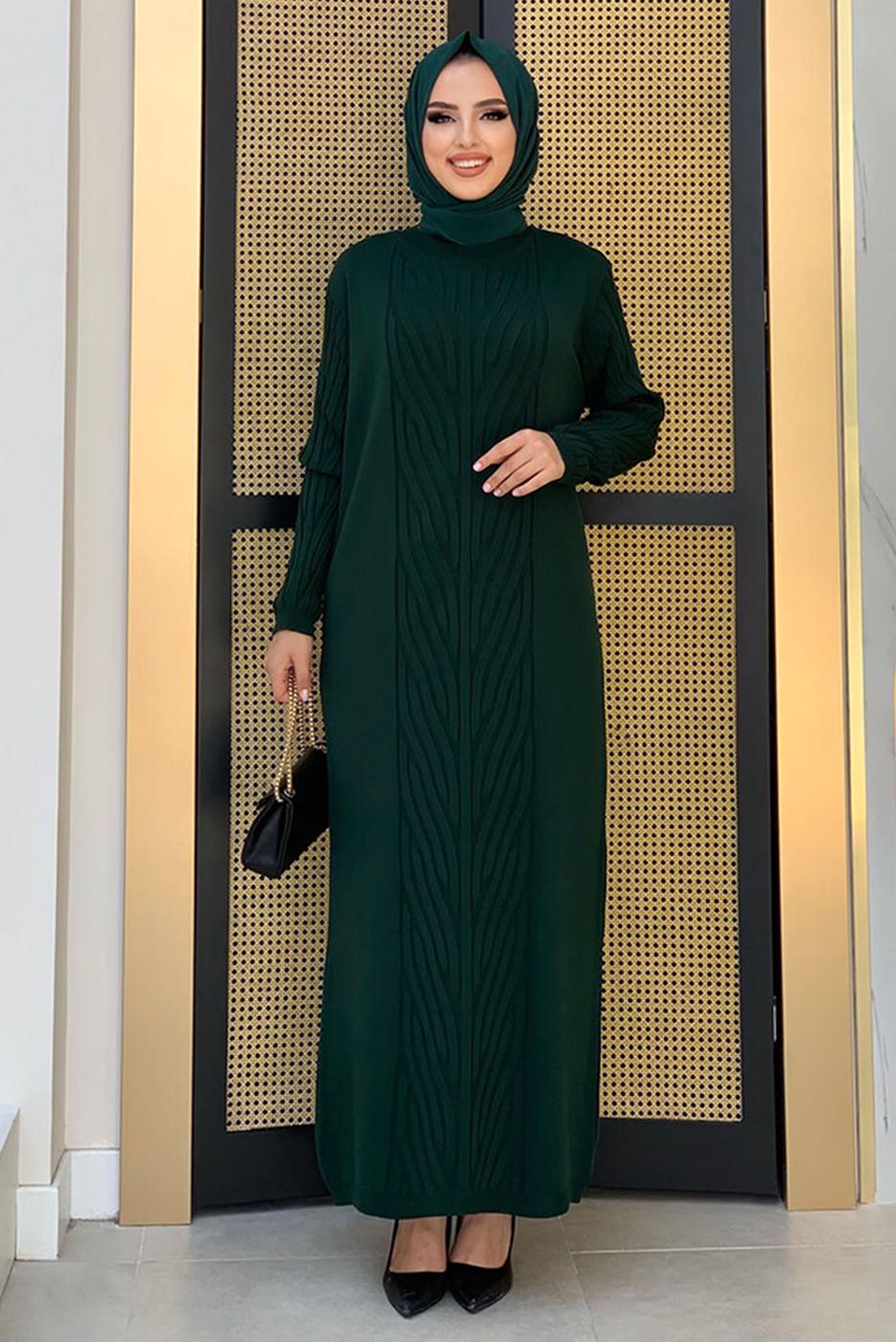 Tesettür giyim YEŞİL ÖRGÜ DESENLİ TRİKO ELBİSE 90222