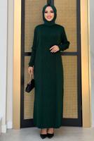 Tesettür giyim YEŞİL ÖRGÜ DESENLİ TRİKO ELBİSE 90222