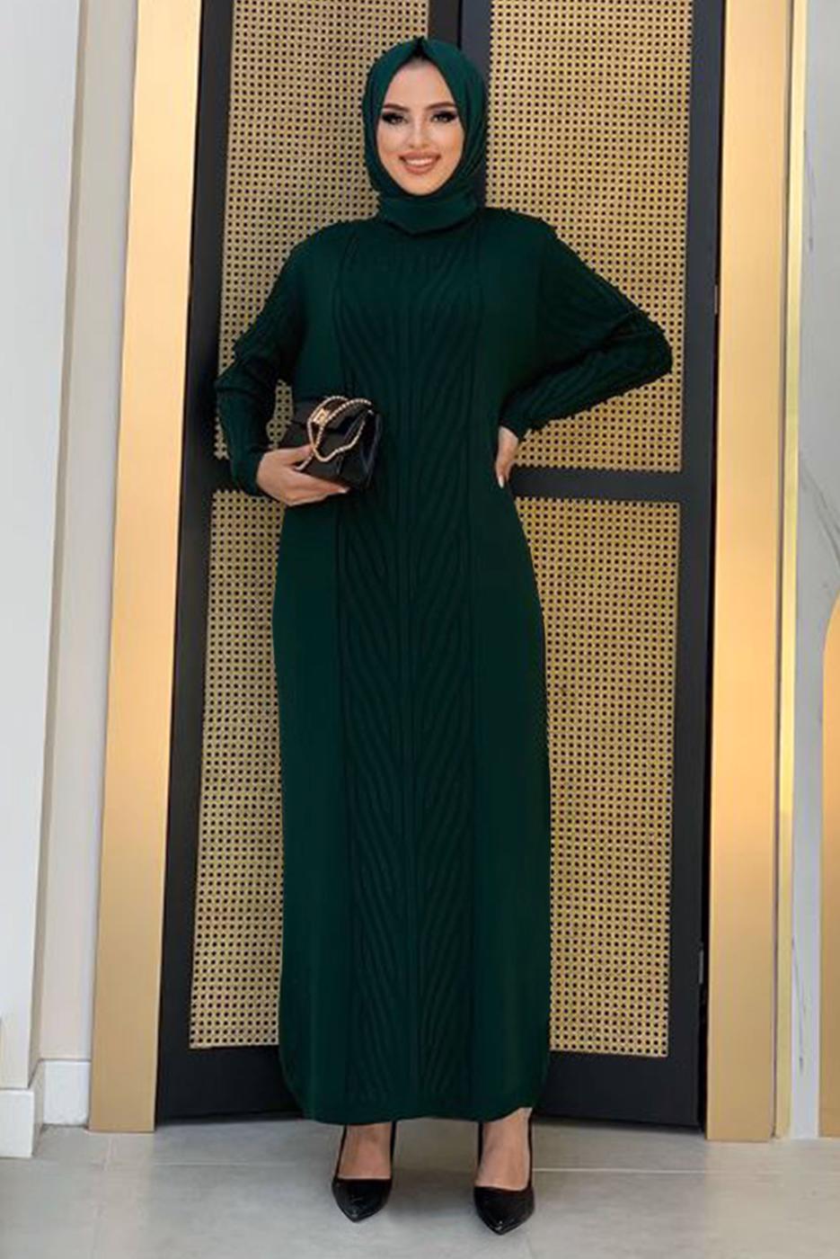 Tesettür giyim YEŞİL ÖRGÜ DESENLİ TRİKO ELBİSE 90222