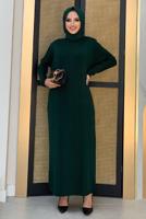 Tesettür giyim YEŞİL ÖRGÜ DESENLİ TRİKO ELBİSE 90222