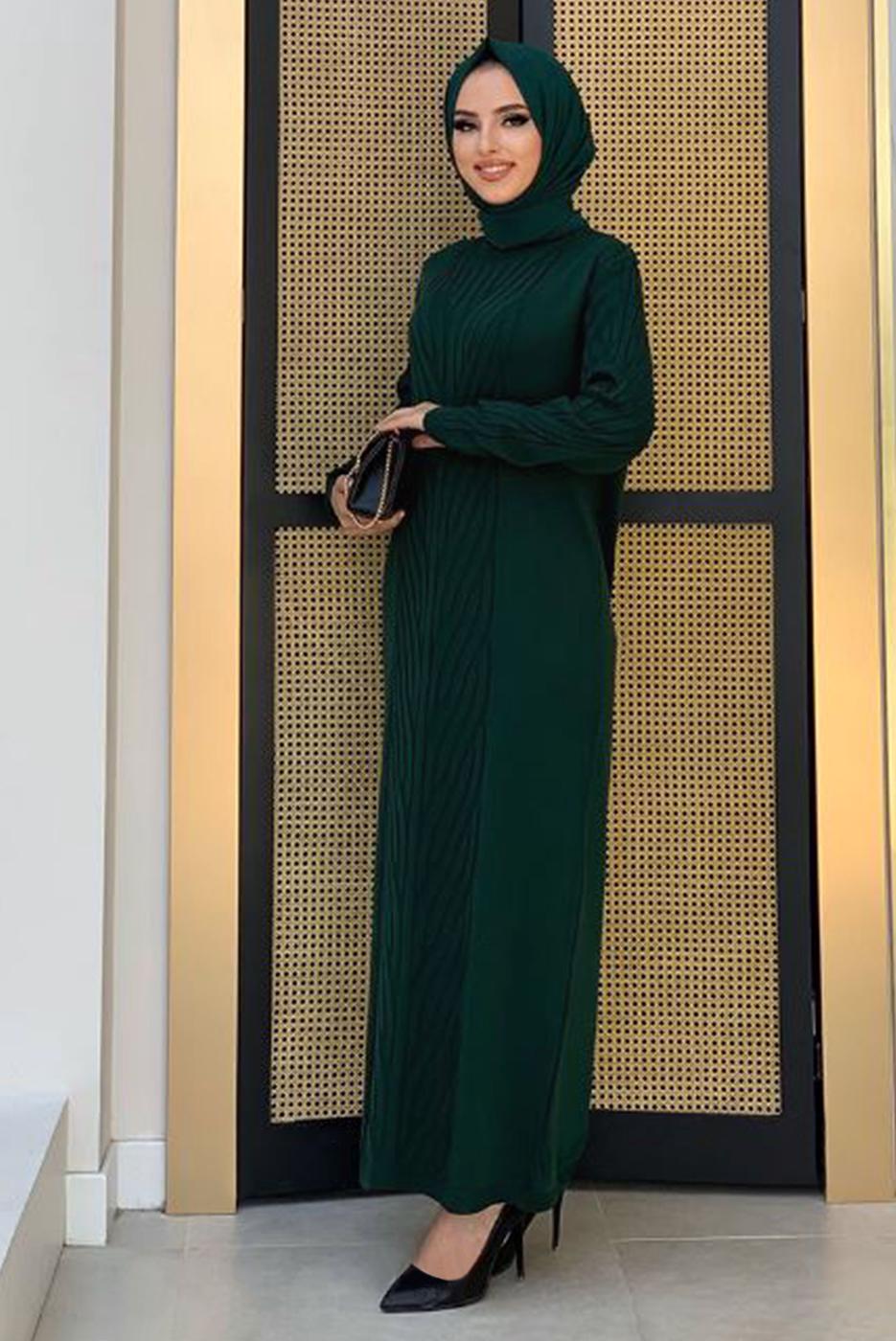 Tesettür giyim YEŞİL ÖRGÜ DESENLİ TRİKO ELBİSE 90222